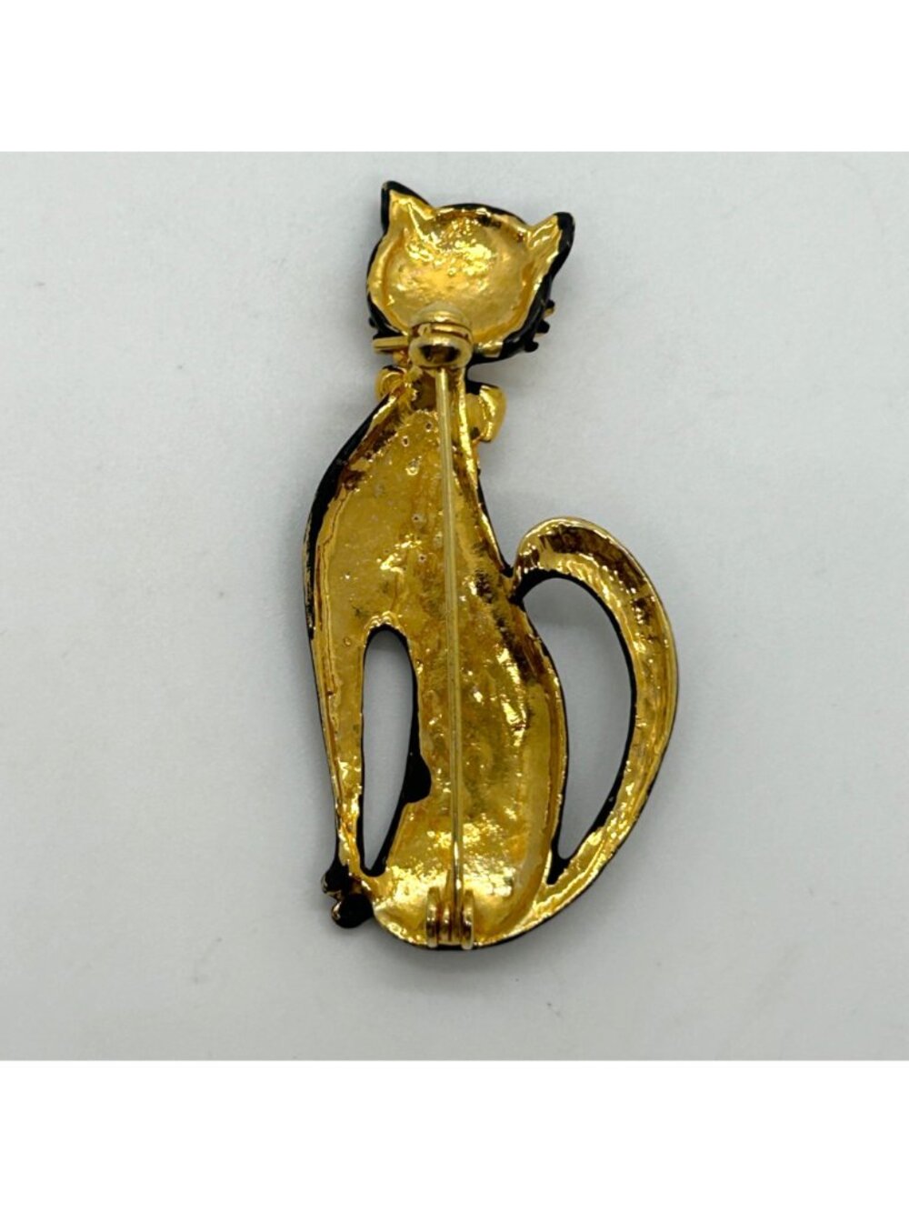 Vintage Black Matte Enamel Siamese Cat Brooch With Gold-Tone Rhinestone Bow - Picture 4 of 11